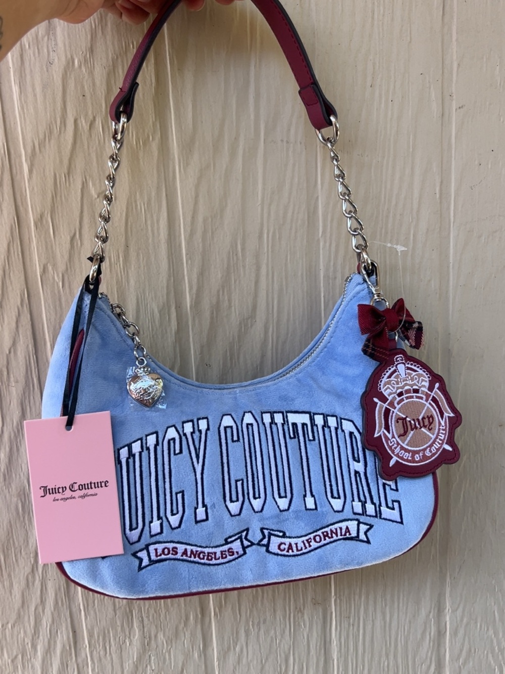 Juicy Couture Light Blue Velvet Shoulder Bag with Burgundy Trim